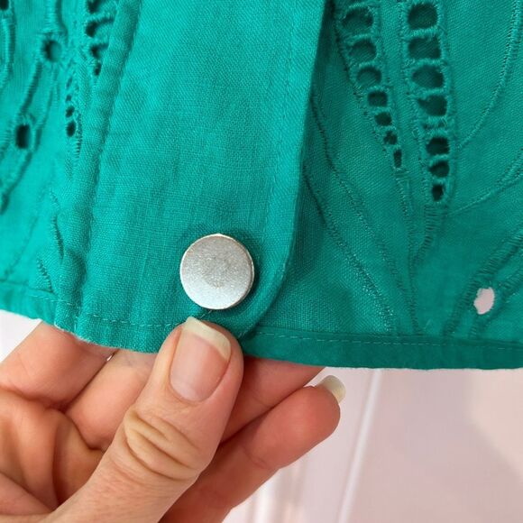 Chico’s green eyelet linen lightweight 3/4 sleeve zip up jacket - Picture 10 of 14